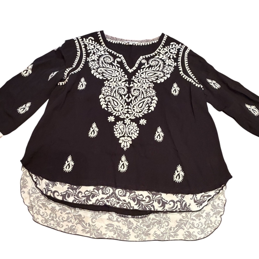 John Mark Womens Black White Embroidered High Low Hem Tunic Top Large Paisley